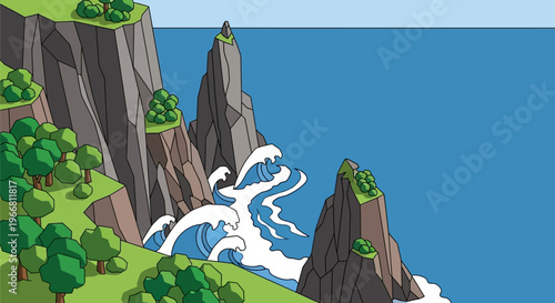 Crashing ocean waves against rocky cliffs with green trees.