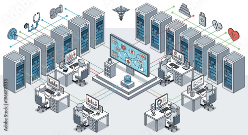 Modern Healthcare Data Center with Servers and Medical Icons.