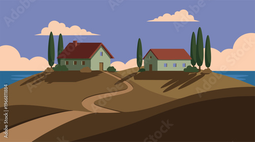 Minimalist graphic illustration of two houses on hills by the sea