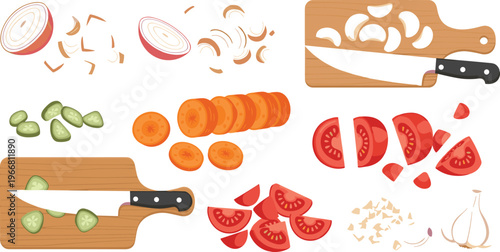Chopped vegetables vector set with sliced tomato carrot onion garlic and cutting boards cooking preparation illustration isolated on white background