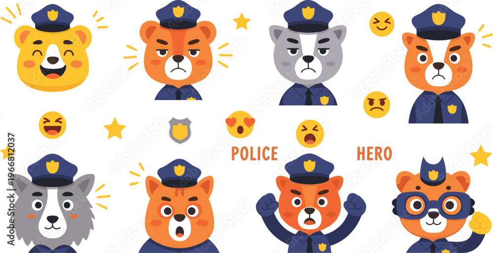 Fototapeta premium Cute animal police characters vector set with tiger bear wolf fox officer faces emoji expressions illustration isolated on white background