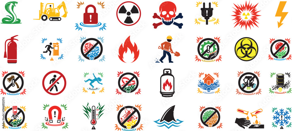 Fototapeta premium Colored linear danger and warning icon set featuring heat–cold, radiation, camera waves, and chemical reagents on a white background. 