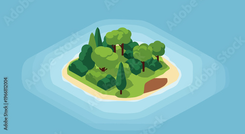 Lush green island with trees and sandy beach in blue water.