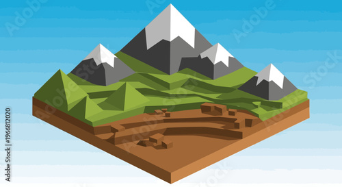 Cross section of mountains and earth layers isometric view.