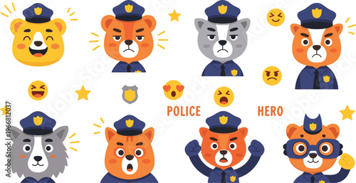 Cute animal police characters vector set with tiger bear wolf fox officer faces emoji expressions illustration isolated on white background
