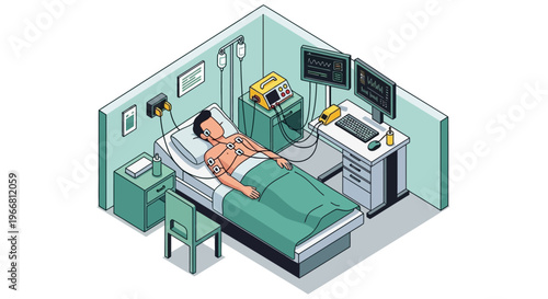 Patient in hospital bed with medical equipment and monitors.