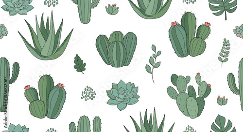 Cactus and succulent seamless pattern vector with desert plants aloe agave and prickly pear illustration isolated on white background