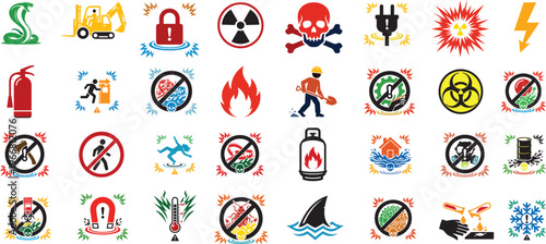Colored linear danger and warning icon set featuring heat–cold, radiation, camera waves, and chemical reagents on a white background.
