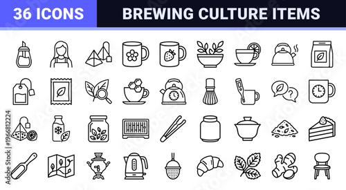 Artisan Tea Culture and Cafe Service Linear Symbols Featuring minimalist Monoline Geometric Aesthetic for Professional Branding.