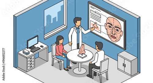 Doctor Explains Facial Anatomy to Patients in Consultation Room.