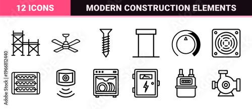 Home Infrastructure and Building Systems Monoline Geometric Line Art Outline Graphic Resource for Technical Architecture and Interior Design