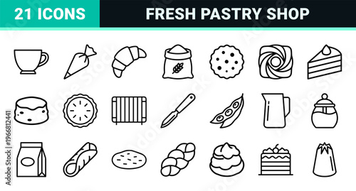 Minimalist Bakery and Pastry Arts Monoline Icon Set for Commercial Branding and Culinary Web Design, Ultra-Clean Geometric Line Symbols.