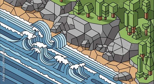 Isometric Ocean Waves Crashing on Sandy Shoreline with Rocks and Trees.