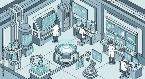 Futuristic laboratory with scientists and advanced technology.