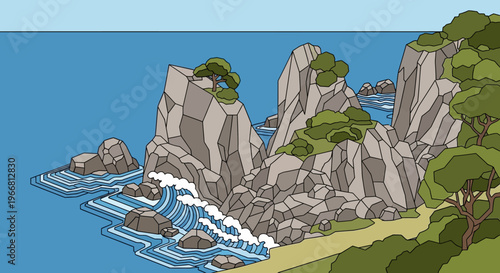 Coastal landscape with rocky cliffs and crashing waves.