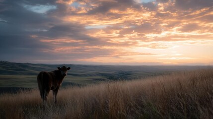 Landscape photograph of a cow standing in a field of tall grass. the cow is facing the camera and is looking directly at the camera.