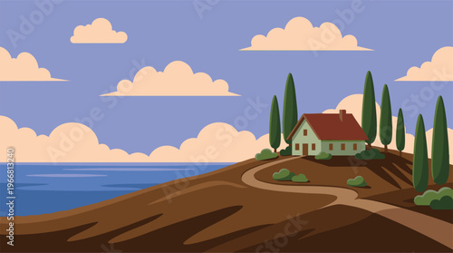 Minimalist vector illustration of a serene countryside landscape with a house on a hill overlooking the sea