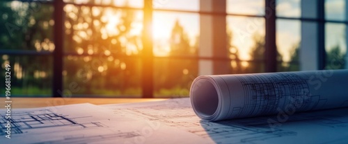 Architectural blueprints and engineering plans on a desk, bathed in warm golden light from a large window at sunset.