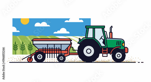 Green tractor with attached planter working a field under a sunny sky