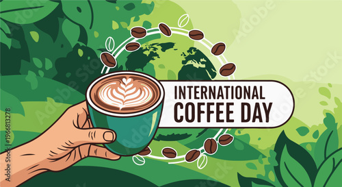 Hand holding coffee cup with latte art, celebrating coffee day globally