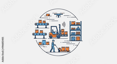 Modern warehouse logistics with automated systems and manual operations
