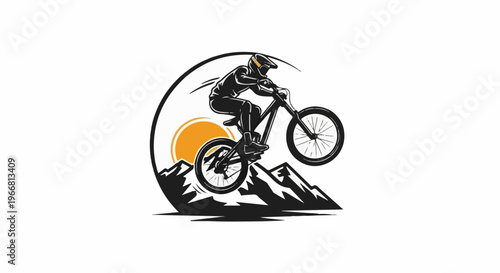 Mountain biker performing a jump against a circular sun and mountain backdrop