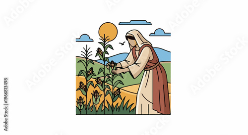Person harvesting corn on a sunny day with rolling hills and clouds