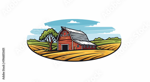 Rustic red barn in a golden field under a cloudy sky