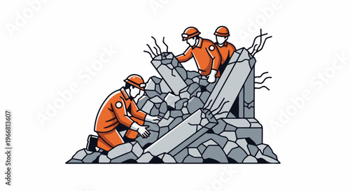 Rescuers in orange uniforms search through rubble of a collapsed structure