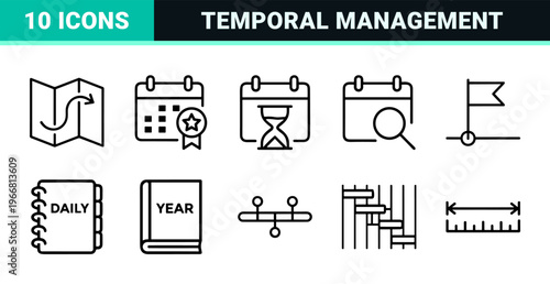 Minimalist Monoline Scheduling and Navigation Interface Elements with Geometric Calendar Chronology and Precision Positioning Symbols.