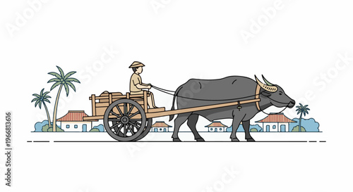 Rustic cart pulled by a water buffalo through a village