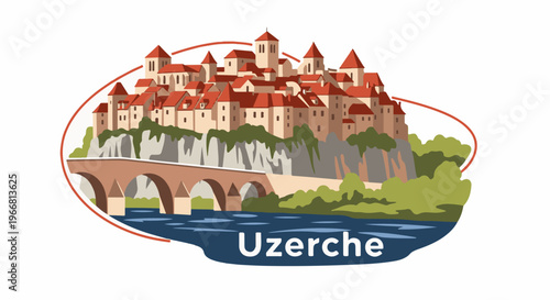 Scenic view of a medieval town on a cliff overlooking a river and bridge