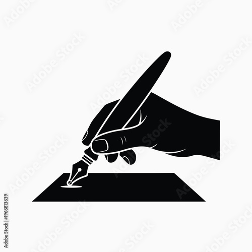 Simple illustration of a vintage feather quill pen with ink and inkwell isolated on white background