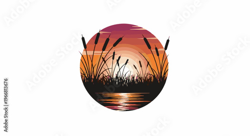 Silhouetted cattails and reeds at sunset over still water