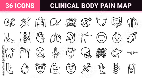 Medical Pain and Body Symptom Line Art Icons Featuring Minimalist Monoline Anatomy Symbols for Healthcare Diagnostics and Patient Apps