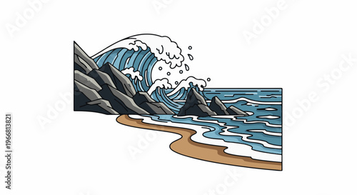 Stylized crashing ocean wave against rocky shore with sandy beach