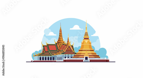 Stylized illustration of a golden stupa and ornate temple complex