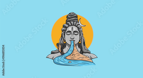 Stylized depiction of a serene deity's head with water flowing from mouth