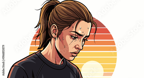 Stylized portrait of a tired woman with sweat on her forehead, looking down