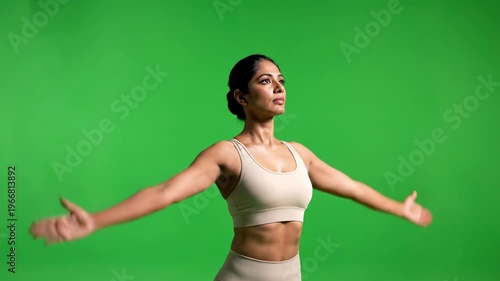 Confident indian woman stretching arms on green screen for yoga fitness relaxation and wellness exercises chroma key