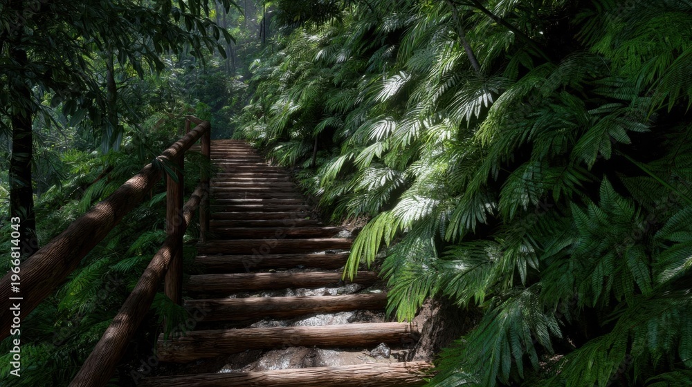 Fototapeta premium Wooden staircase in the middle of a lush green forest. the staircase is made of wooden planks and has a wooden railing on either side.