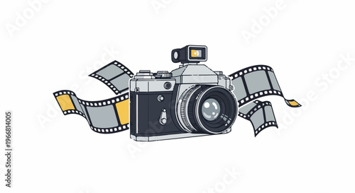 Vintage camera with swirling film strips, illustrating photography and memory capture
