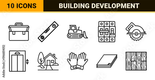 Commercial Construction and Home Improvement Line Art Set featuring Architectural Tools and Building Development Symbols in Minimalist Geometric Style.