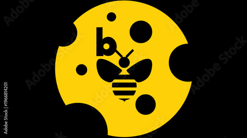 Modern vector icon of a black bee and lowercase 'b' within a yellow circular shape with irregular holes, isolated on black.