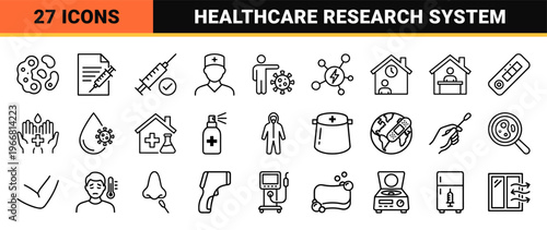 Medical Virology and Epidemiology Outline Icons featuring Virus Prevention, Healthcare Research, and Pandemic Safety in minimalist Style.