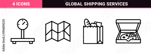 Logistics and e-commerce shipping outline symbols for commercial delivery services featuring Minimalist monoline geometric vector art.
