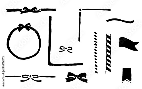 手書き風のリボンとフレームのセット、黒のインクの筆致、飾り罫、見出し、装飾デザイン素材