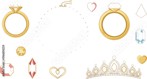 Elegant jewelry elements vector set with gold rings crown gemstones and decorative accessories illustration isolated on white background
