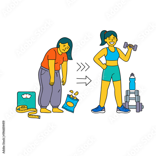 Woman transforms from unhealthy eating to fitness with dumbbells and exercise