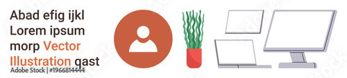 User profile concept, digital workspaces, modern offices, user interface design, productivity, identity . A user icon, potted plant and computer setup. User profile and digital workspaces design